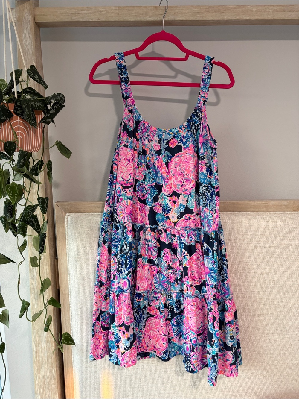 Lilly Pulitzer Pink Teal Navy Floral Smocked Neck Top